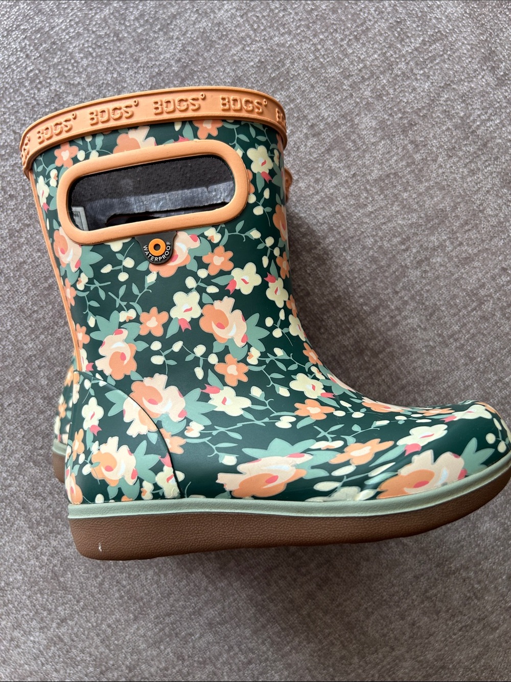 Bogs Girl’s Floral Waterproof Rain Boot in Green and Peach